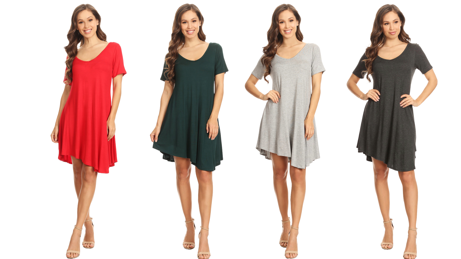 thumbnail video image 2 of Moa Collection Women's Solid Relaxed Fit Midi Dress – Short Sleeve Asymmetric Hem Style, 2 of 5