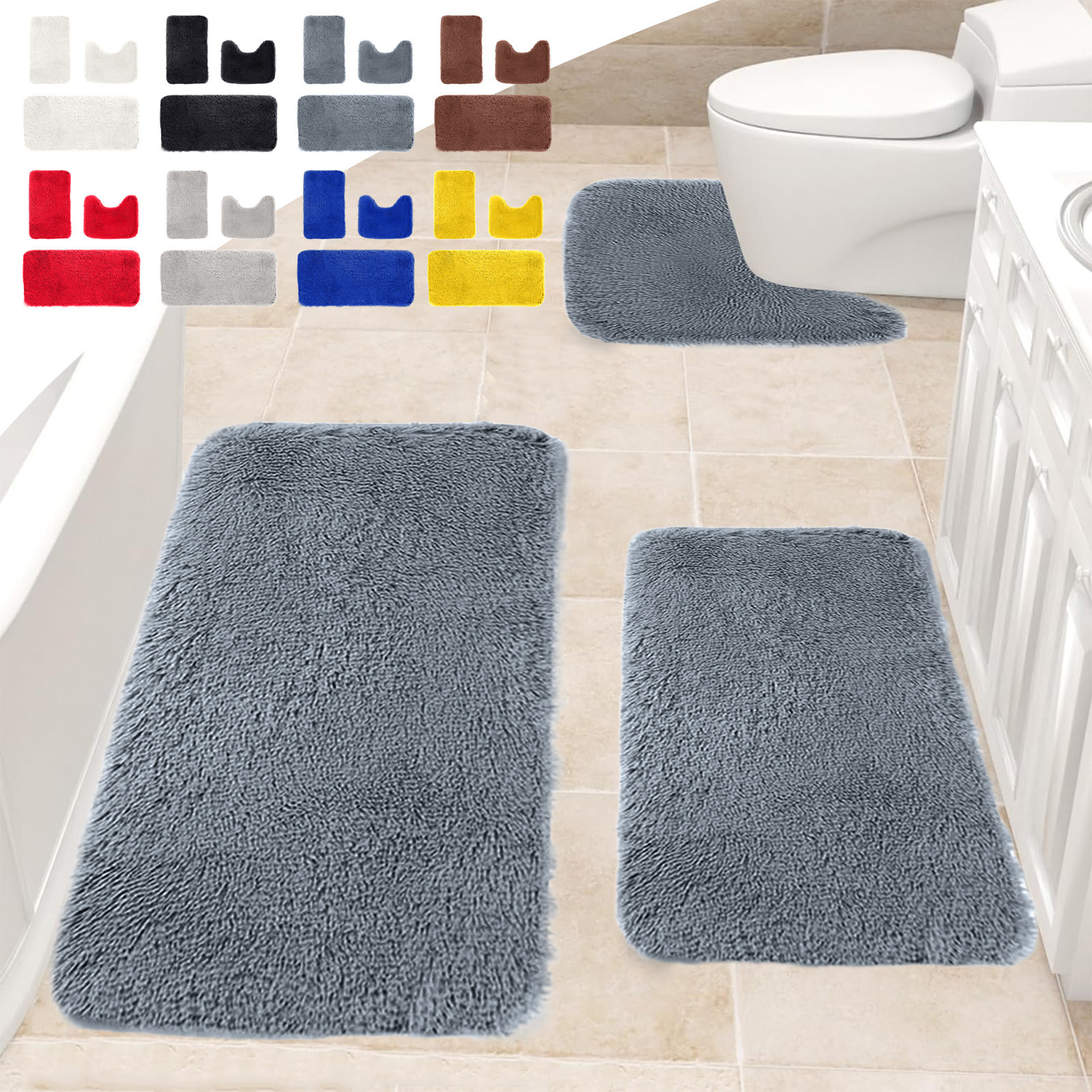thumbnail video image 2 of Bathroom Rugs Light Gray 3 Piece Shaggy Set - Extra Large High-Pile Plush Bath Mat, Soft Comfortable Water-Absorbent Non-Slip Toilet Floor Mat, Machine Washable Thick Decor, 3 pcs, 2 of 9