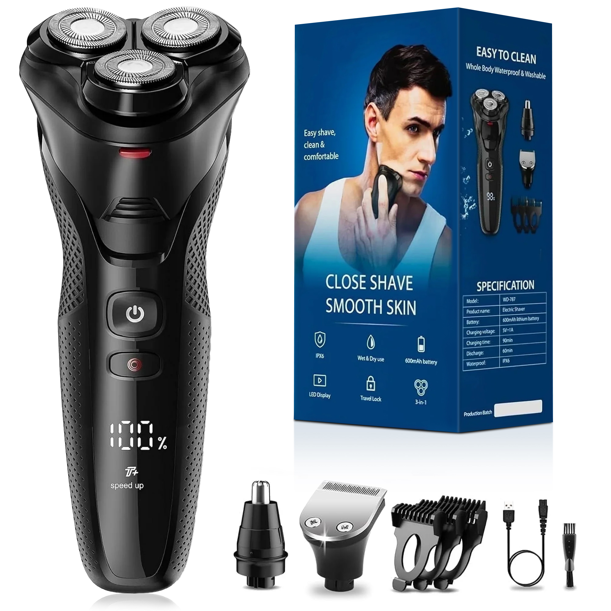 thumbnail video image 2 of Nogroa Electric Shavers for Men, 3 in 1 Cordless Razor Waterproof Wet Dry Adjustable Speeds Beard Trimmer Grooming Kit with Nose Hair Trimmer, Sideburns Trimmer, 2 of 10