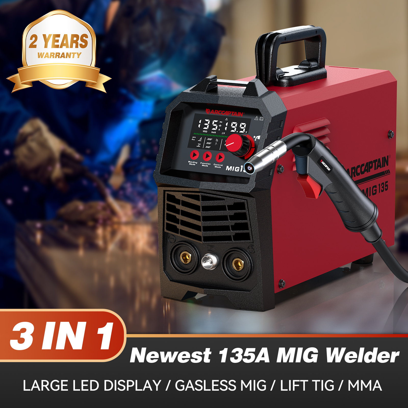 ARCCAPTAIN 135A MIG Welder 110V 3-in-1 Flux Core/Lift TIG/Stick