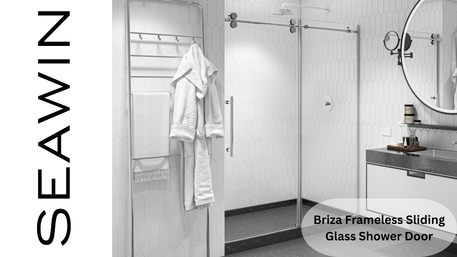 thumbnail video image 2 of Seawin Briza Sliding Frameless Glass Shower Door 44 - 48 in. W x 76 in. H 3/8 in. (10 mm) Thick Clear Tempered Glass Satin Gold, 2 of 10