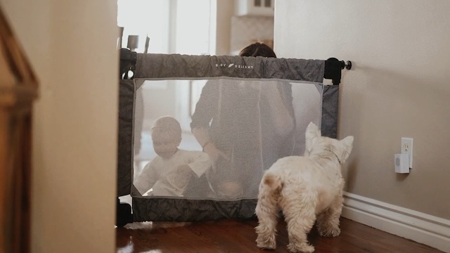 thumbnail video image 2 of Baby Delight Span, Portable Expandable Folding Fabric Baby Gate, 30"-48", Charcoal Tweed, 2 of 4