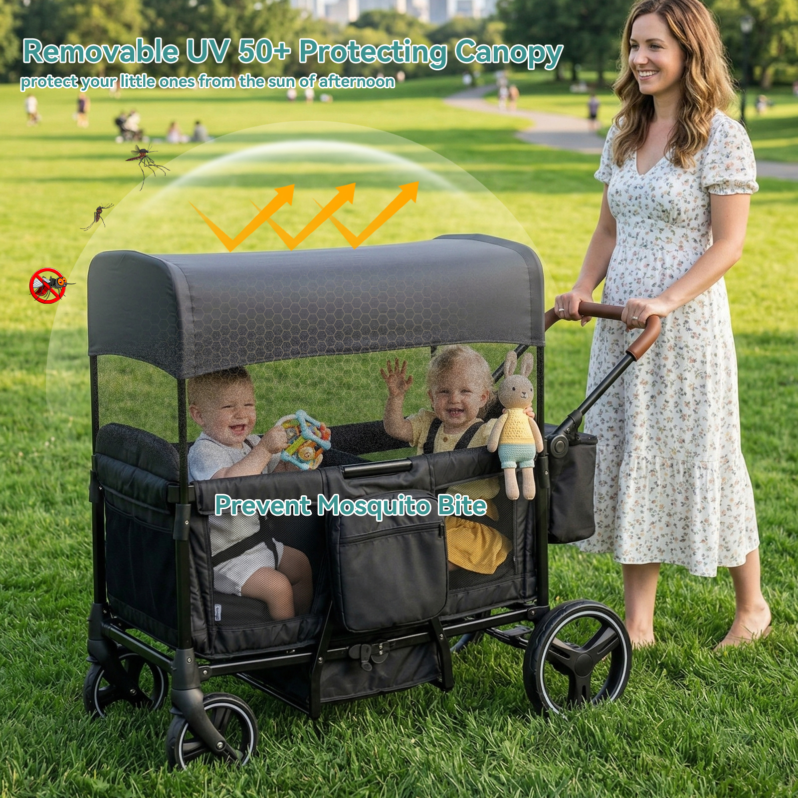 thumbnail video image 2 of Folding Push Pull Wagon Stroller for 2 Kids – Adjustable Canopy UPF 50+ and Mosquito Net, 5-Point Harness, All-Terrain Wheels, Large Storage with Snack Tray, Ideal for Baby Toddler Park Beach Travel, 2 of 10
