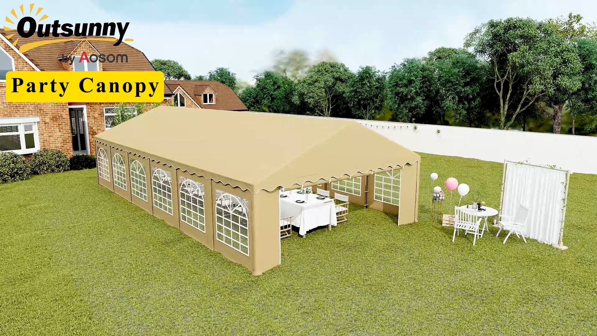thumbnail video image 2 of Outsunny 20' x 40' Heavy Duty Party Tent, Galvanized Outdoor Canopy Tent with Removable Sidewalls, 12 Windows and 2 Doors, Brown, 2 of 10