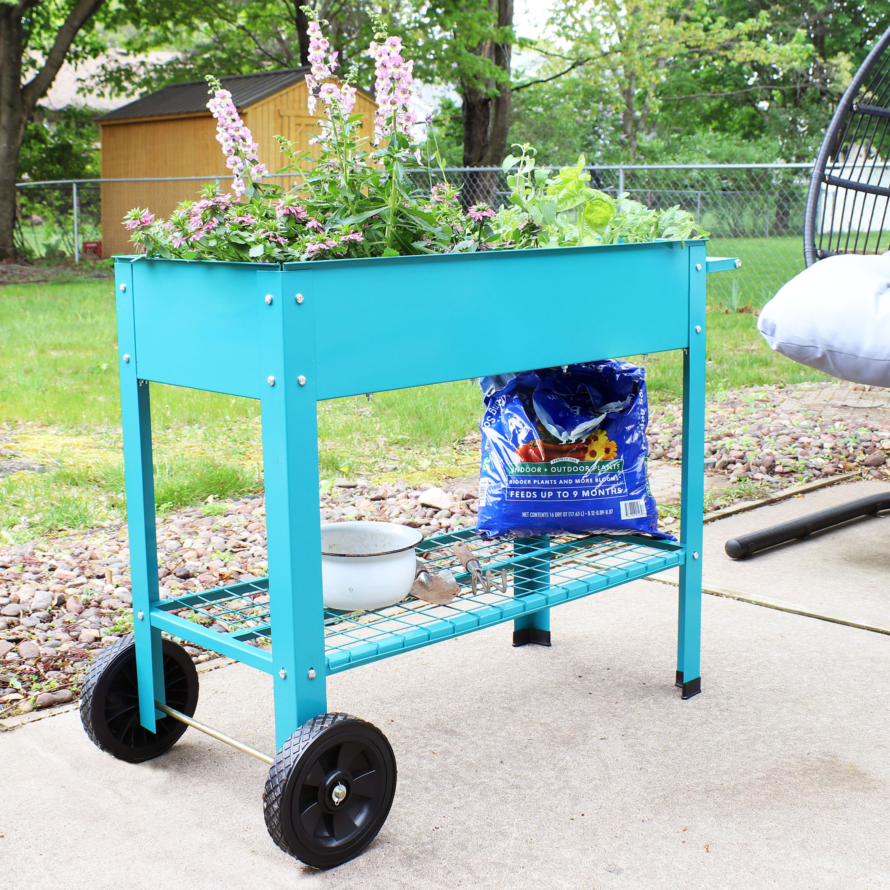 thumbnail video image 2 of Sunnydaze 43.5" x 20.75" x 31.75" Blue Galvanized Steel Raised Garden Bed Cart with Wheels, 2 of 11