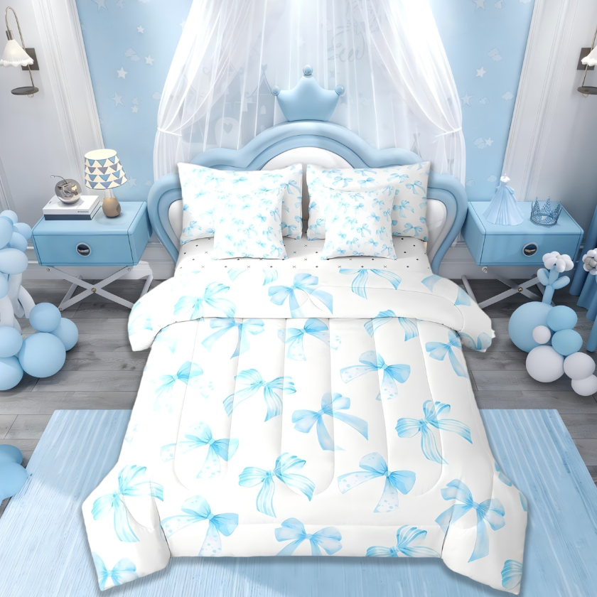 thumbnail video image 2 of Manfei Sky Blue Bow Twin Comforter Sets For Kids Girls,Cute Dreamy Princess Style Bedding Set Bow Pattern Comforter Reversible 2 Pieces, 2 of 10