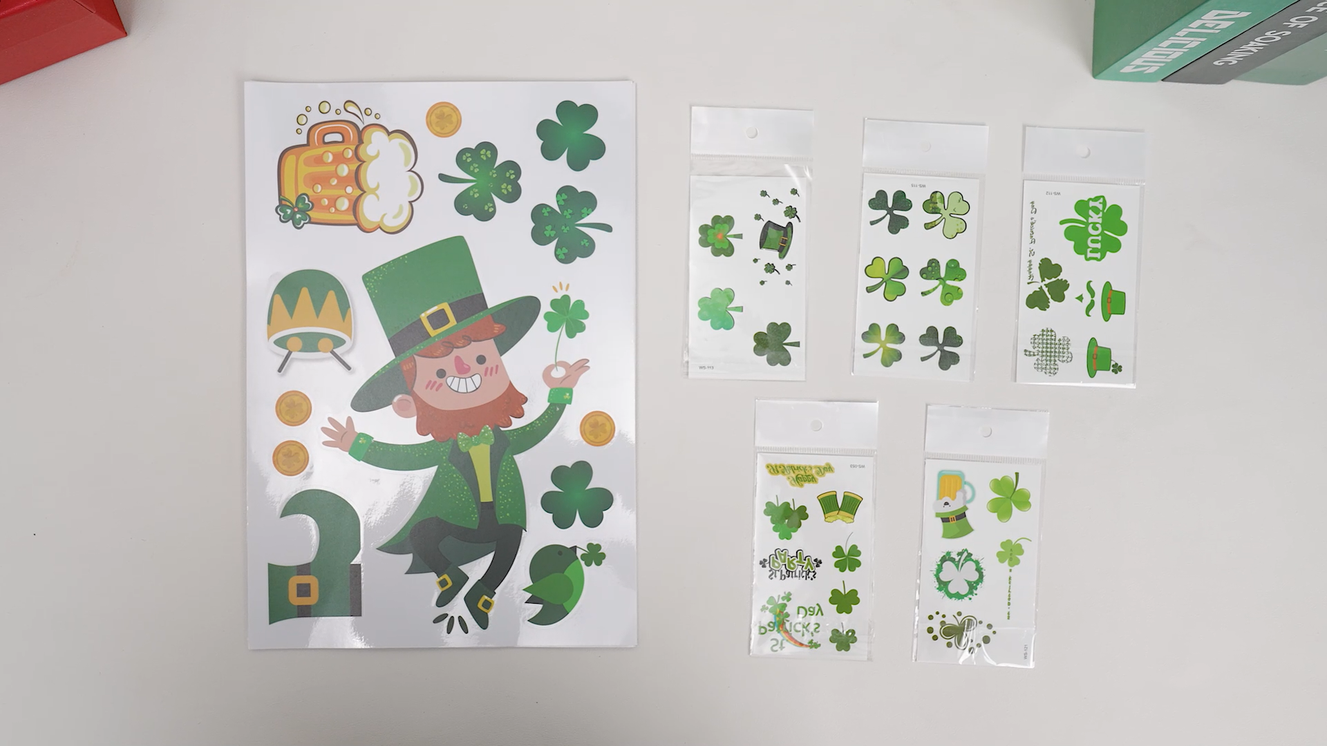 thumbnail video image 2 of 16PCS St Patricks Day-Shamrock Window Clings Stickers, St. Paddy's Temporary Tattoos, St. Patty's Felt Shamrock Clover & Triangle Flag Banner for St Patricks Day, 2 of 8