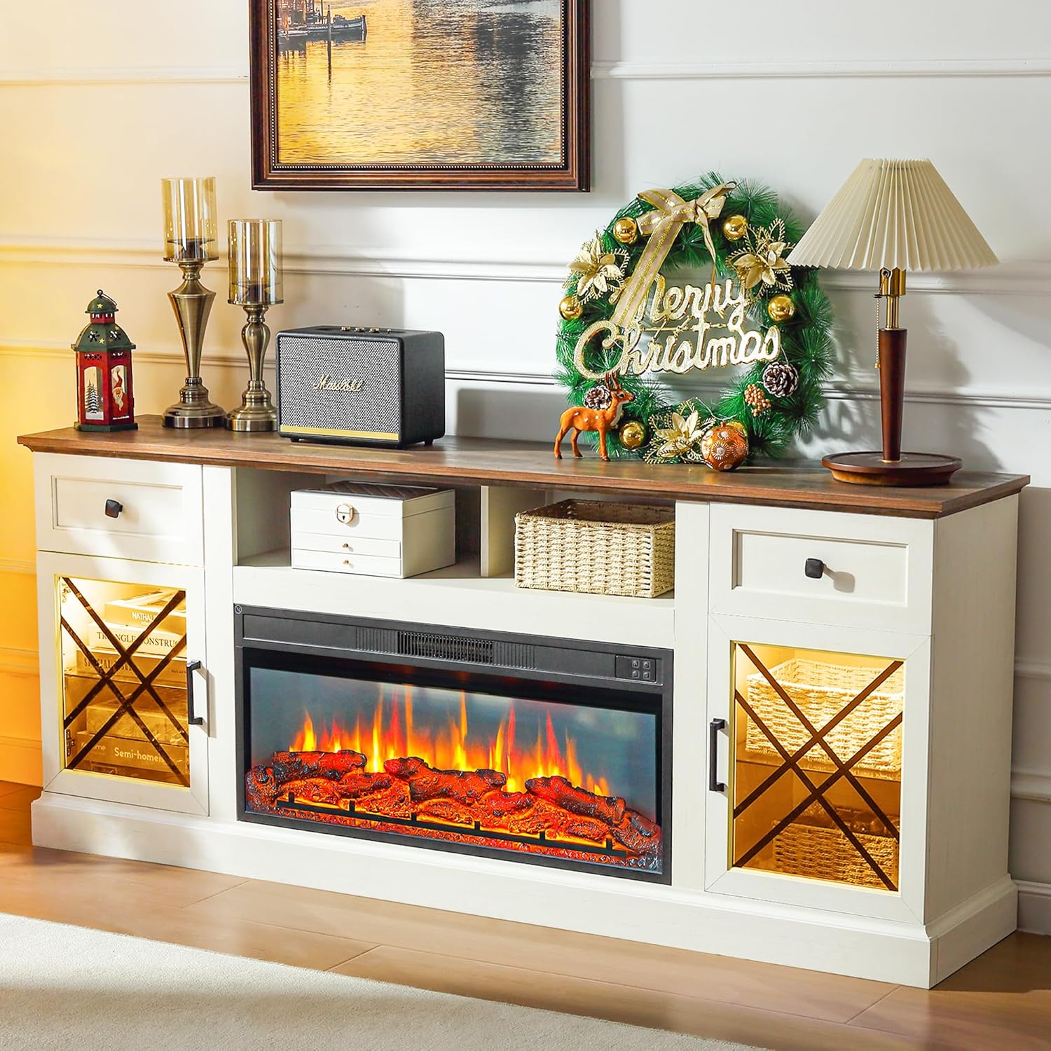 thumbnail video image 2 of FIAKOA 70” Fireplace TV Stand for 80" TVs,Fireplace Entertainment Center with LED Lights,TV Console with 34" Electric Fireplace for Living Room,White, 2 of 8