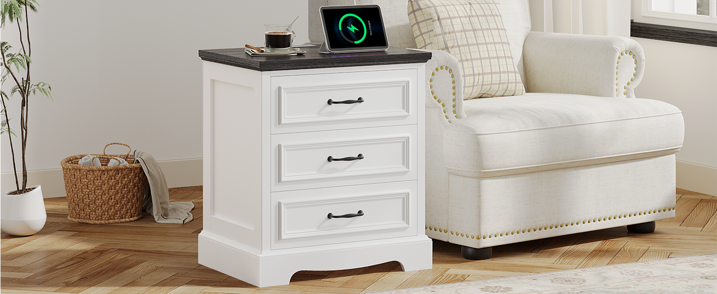 thumbnail video image 2 of Farmhouse Nightstand Set of 2 with Charging Station, 3 Drawers White Bedside Table for Bedroom for Adults, 2 of 8