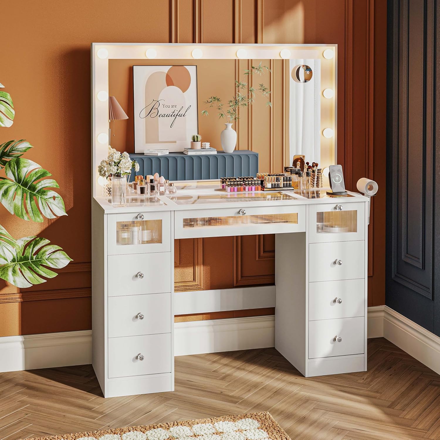 thumbnail video image 2 of DIYSET 43" Makeup Vanity Desk with Lights and Mirror, 12 Bulb Hollywood Vanity with Glass Top, 9 Drawer Storage, Built-In Charging Station, Large HD Mirror for Bedroom, 2 of 9