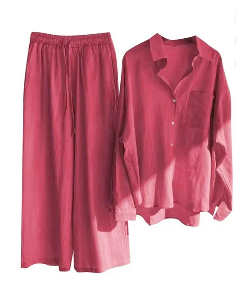 thumbnail video image 2 of ZJFXGS Pants Sets Women 2 Piece Outfits Shirt and Pants Women'S Casual Solid Retro Plus Size Cotton Button Shirt High Waist Loose Pocket Long Pant Suit with Shirt and Loose Pants Pink M, 2 of 5