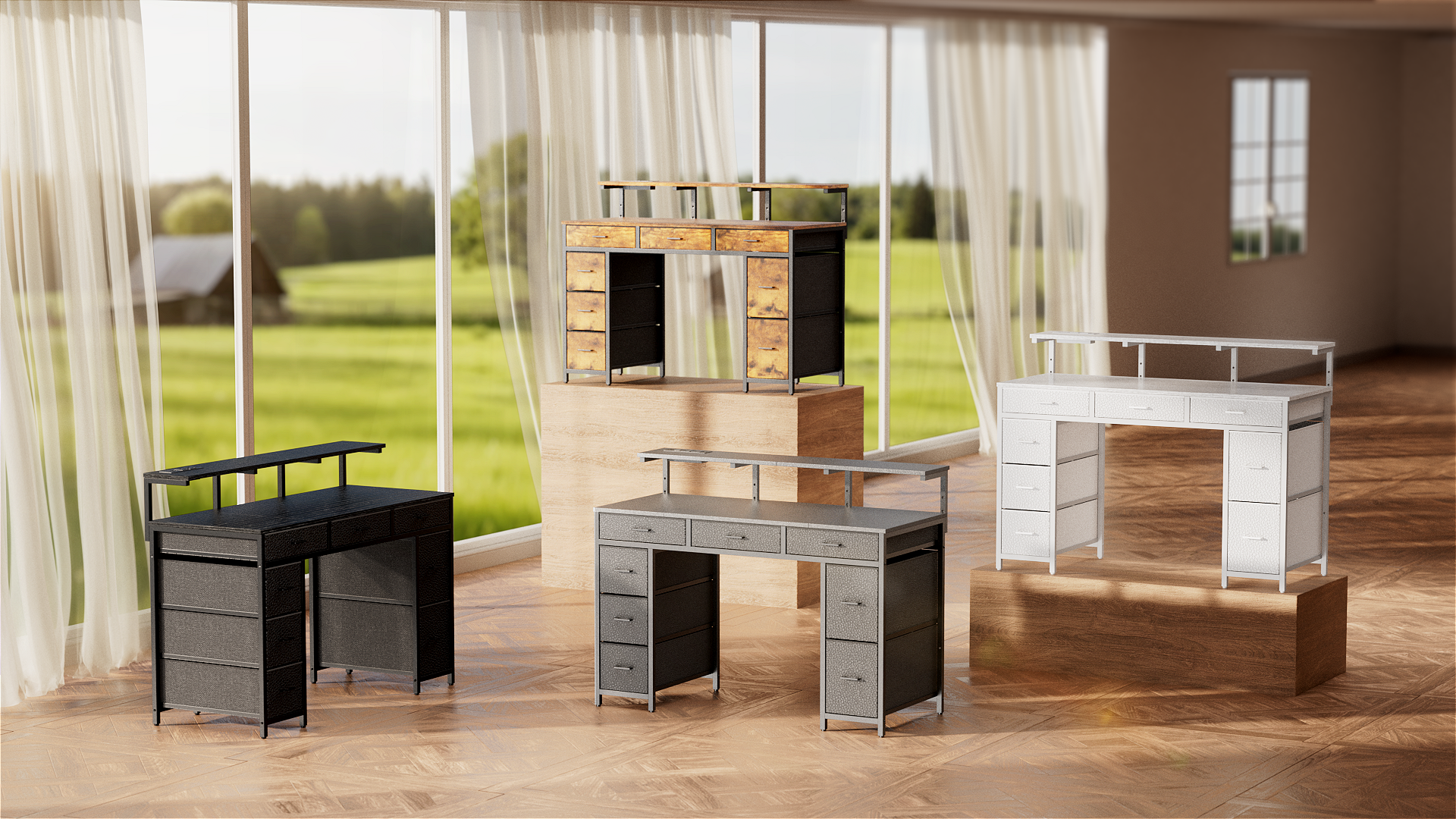 thumbnail video image 2 of HLDIRECT 47 inch Computer Desk with 8 Drawers, Gaming Desk with LED Lights & USB Power Outlets, Home Office Table with Monitor Stand, Rustic Brown, 2 of 8