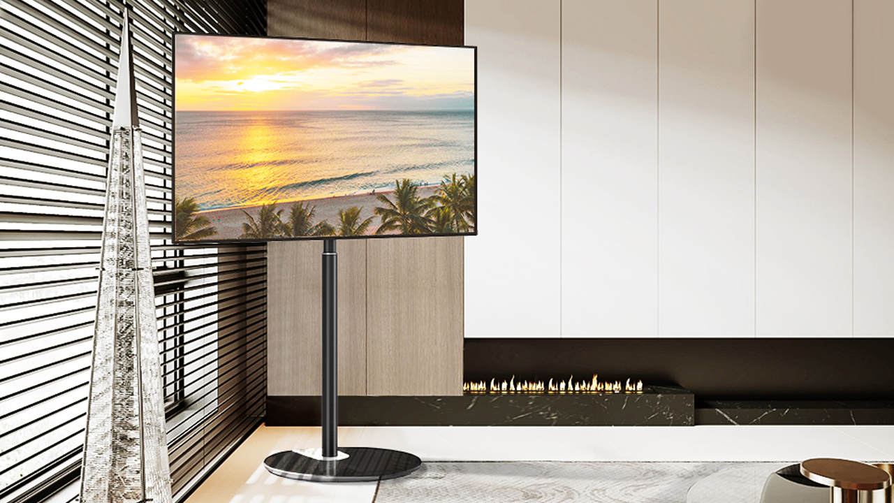 thumbnail video image 2 of RTVR Floor TV Stand with Round Base for 55 to 65 inch Screens, 180° Swivel Adjustable Corner TV Mount Stand, Black, 2 of 15