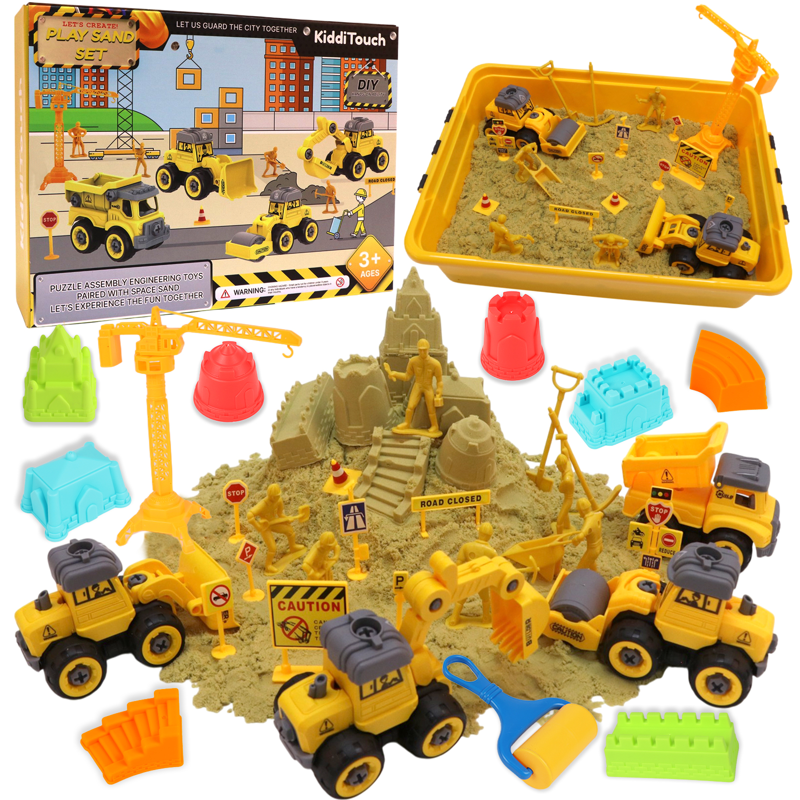 thumbnail video image 2 of KiddiTouch Construction Toys Sensory Bin, Kids Play Sand Kit with 4 Trucks and 3.3lbs Magical Sand, Pretend Play Beach Sandbox, Gifts for Boys Ages 3-5+, 2 of 8