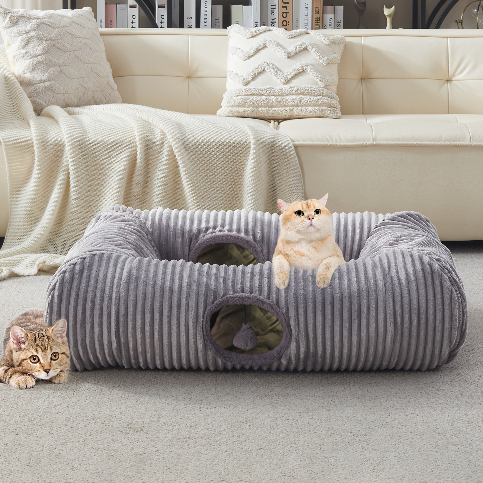 thumbnail video image 2 of WINDRACING Square Cat Tunnel Bed – XL Washable Plush Pet Hideaway & Interactive Play Cave for Kittens, Puppies & Rabbits (Grey), 2 of 8
