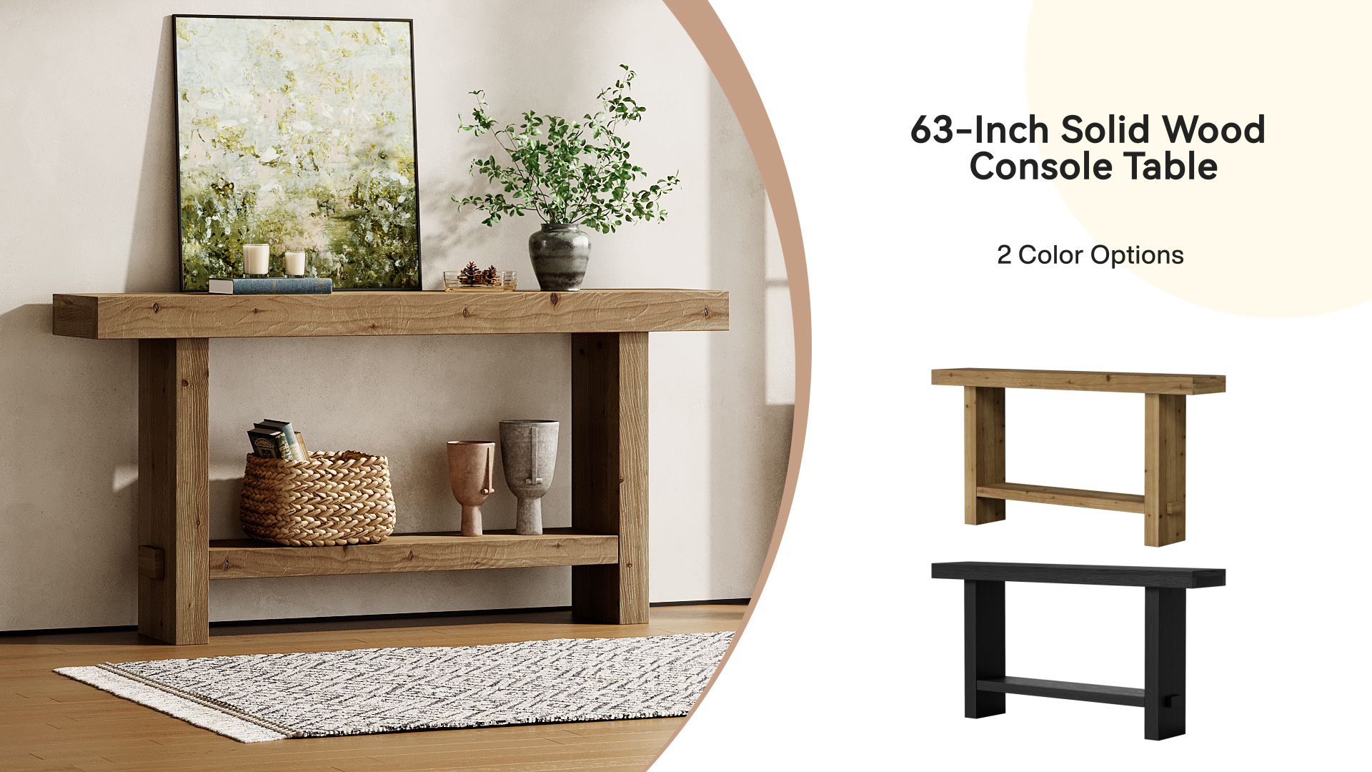 thumbnail video image 2 of Finmind 63-inch Solid Wood Console Table, 2-Tier Farmhouse Entryway Table, Narrow Sofa Console Behind Couch, Light Brown, 2 of 8