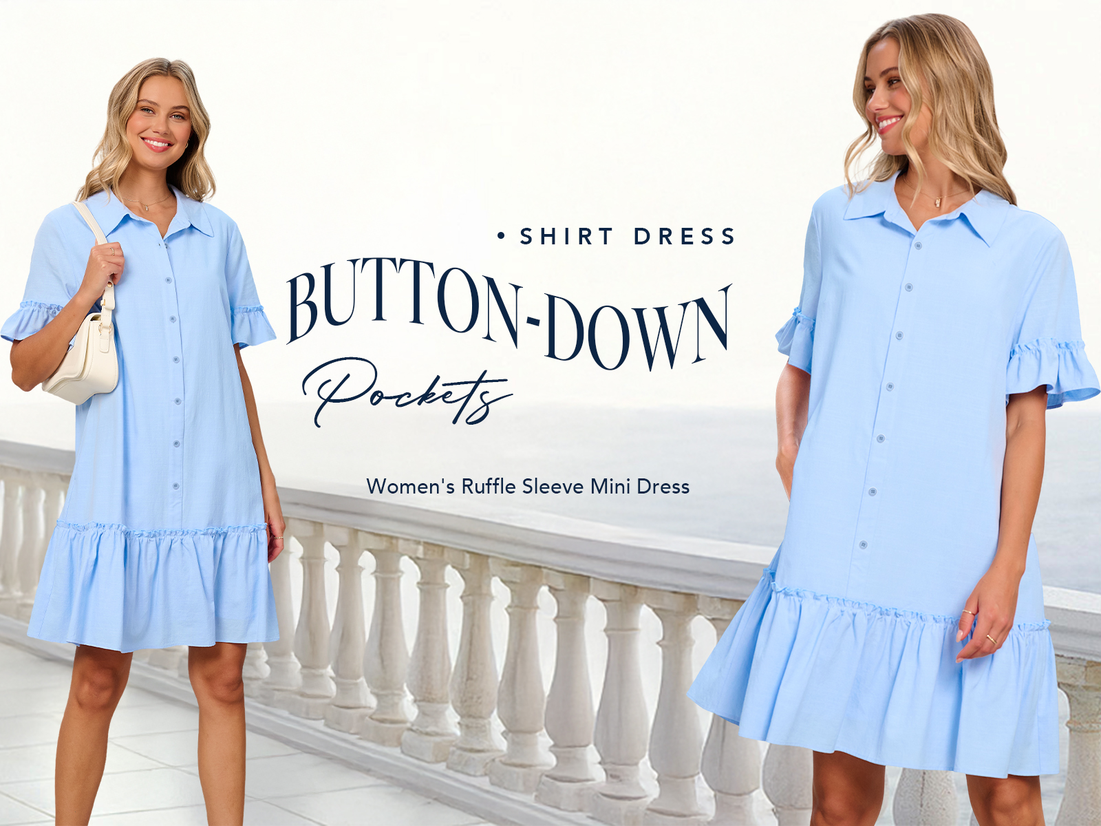 thumbnail video image 2 of Merokeety Womens Casual Shirt Dress Button Down Ruffle Sleeve Shift Mini Dresses with Pockets Navy XL, 2 of 9
