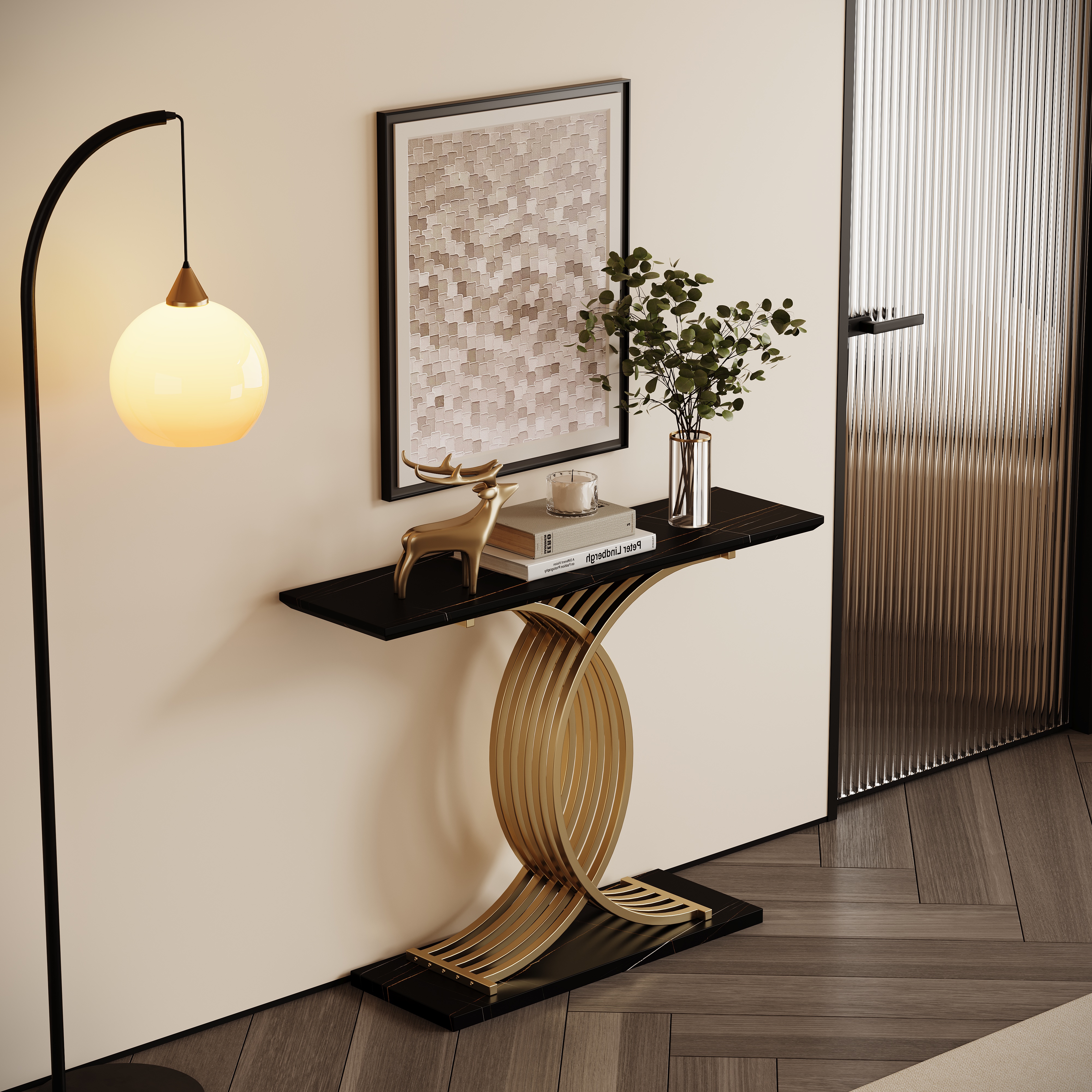 thumbnail video image 2 of Toauuo Luxury Gold Intertwined Metal Legs Accent Console Table - Black & Gold Light Luxury Entryway Table with Scratch-Resistant MDF Tabletop, 2 of 16