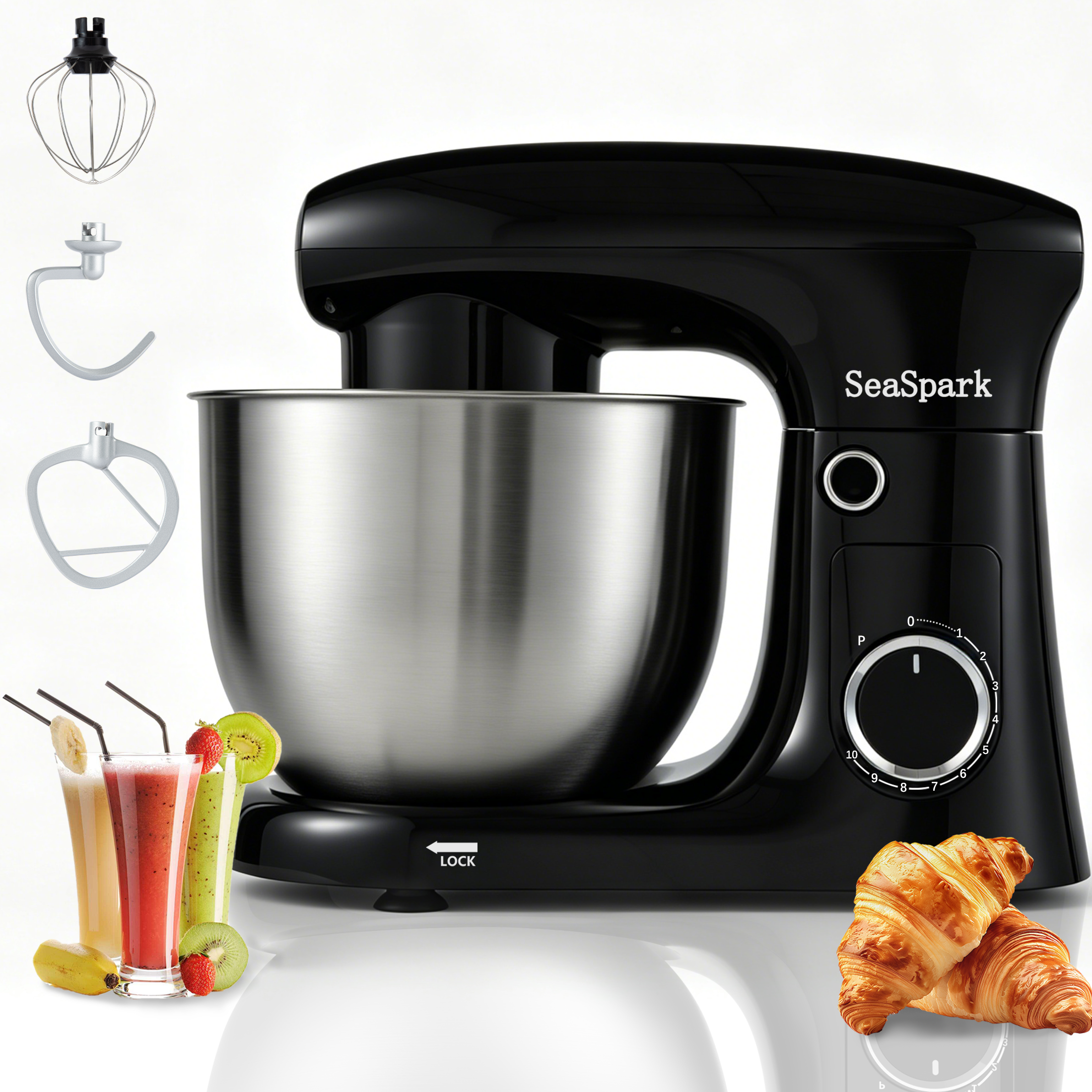 thumbnail video image 2 of SeaSpark 3-in-1 Stand Mixer, 5.5 QT Tilt-Head 10-Speed Electric Stand Mixer, Food Mixer with Dough Hook, Beater, Whisk, Black, 2 of 10