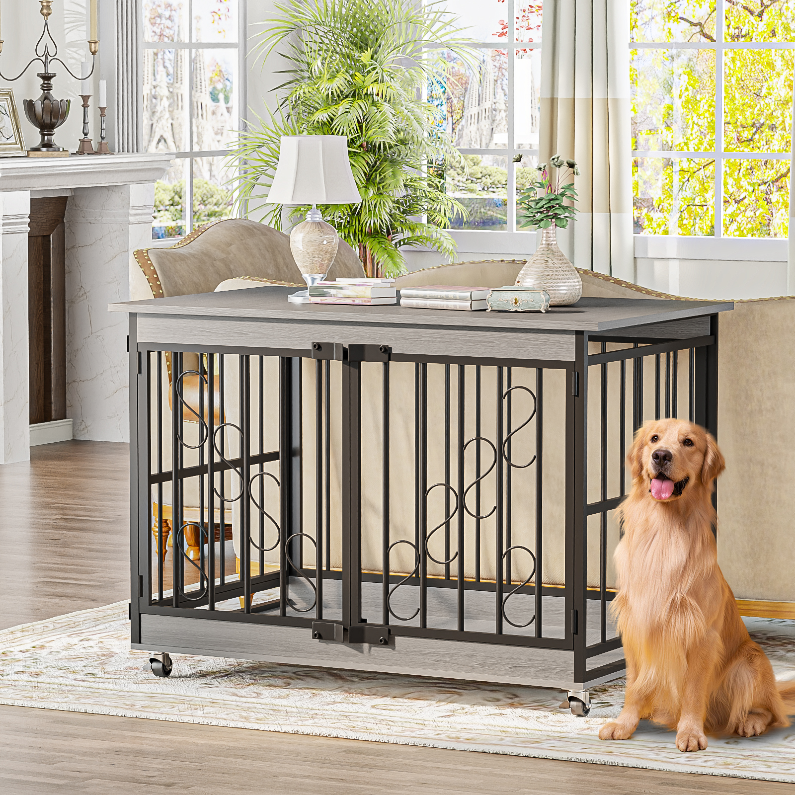 thumbnail video image 2 of 48 Inch Dog Crate Furniture for Extra Large Dog, Double-Doors Heavy Duty Dog Cage with 360° Caster Wheels, Dog Kennel Indoor Decorative Pet House Dog Cage Table, Gray, 2 of 10