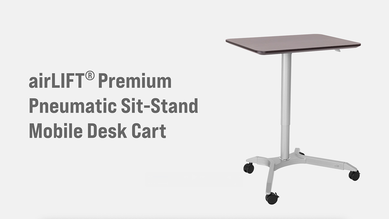 thumbnail video image 2 of Seville Classics airLIFT® Sit-Stand Rolling Height Adjustable Pneumatic Mobile Desk Cart with Wheels, White, 2 of 14