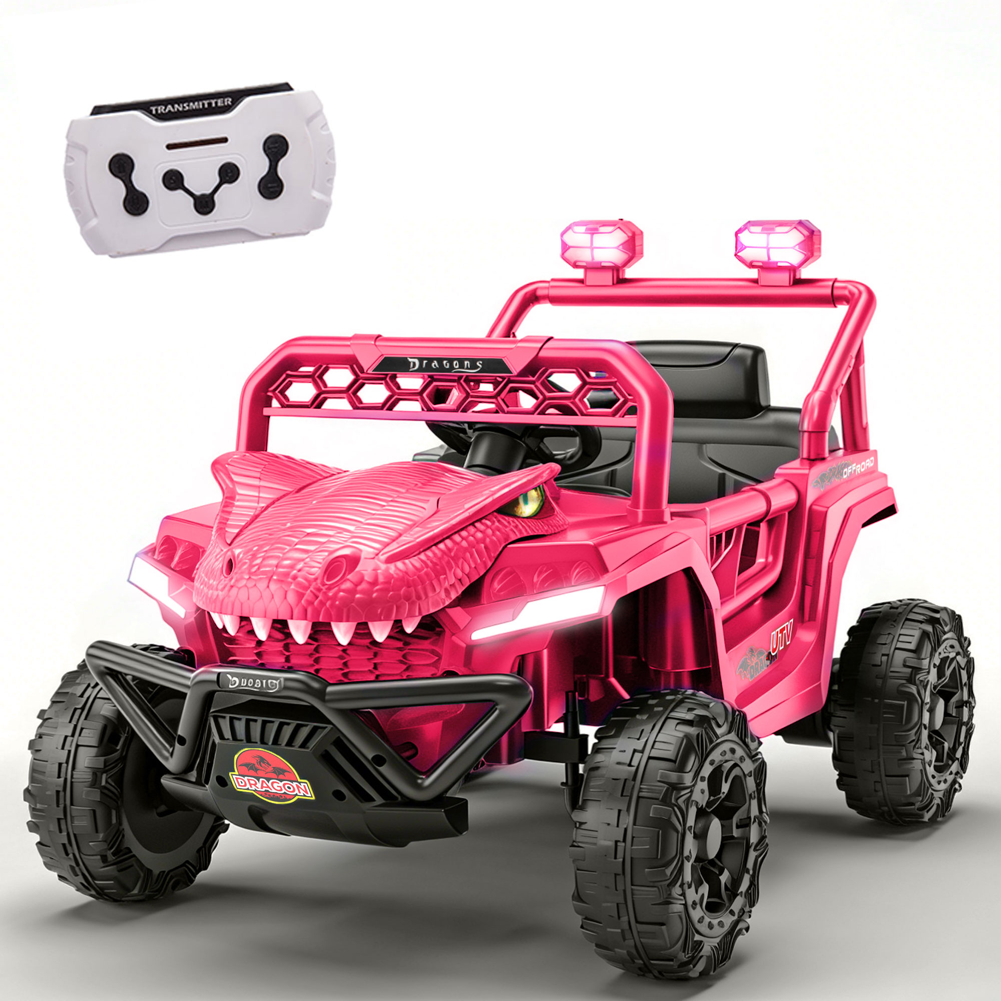 thumbnail video image 2 of 12V Dinosaur Kids Ride On Car, 2 Seater Power Ride On Toy for Kids with Remote Control, Bluetooth, USB, 4 Wheel Suspension, Dinosaur Electric Toy Car for Boys and Girls Ages 2-4, Pink, 2 of 8
