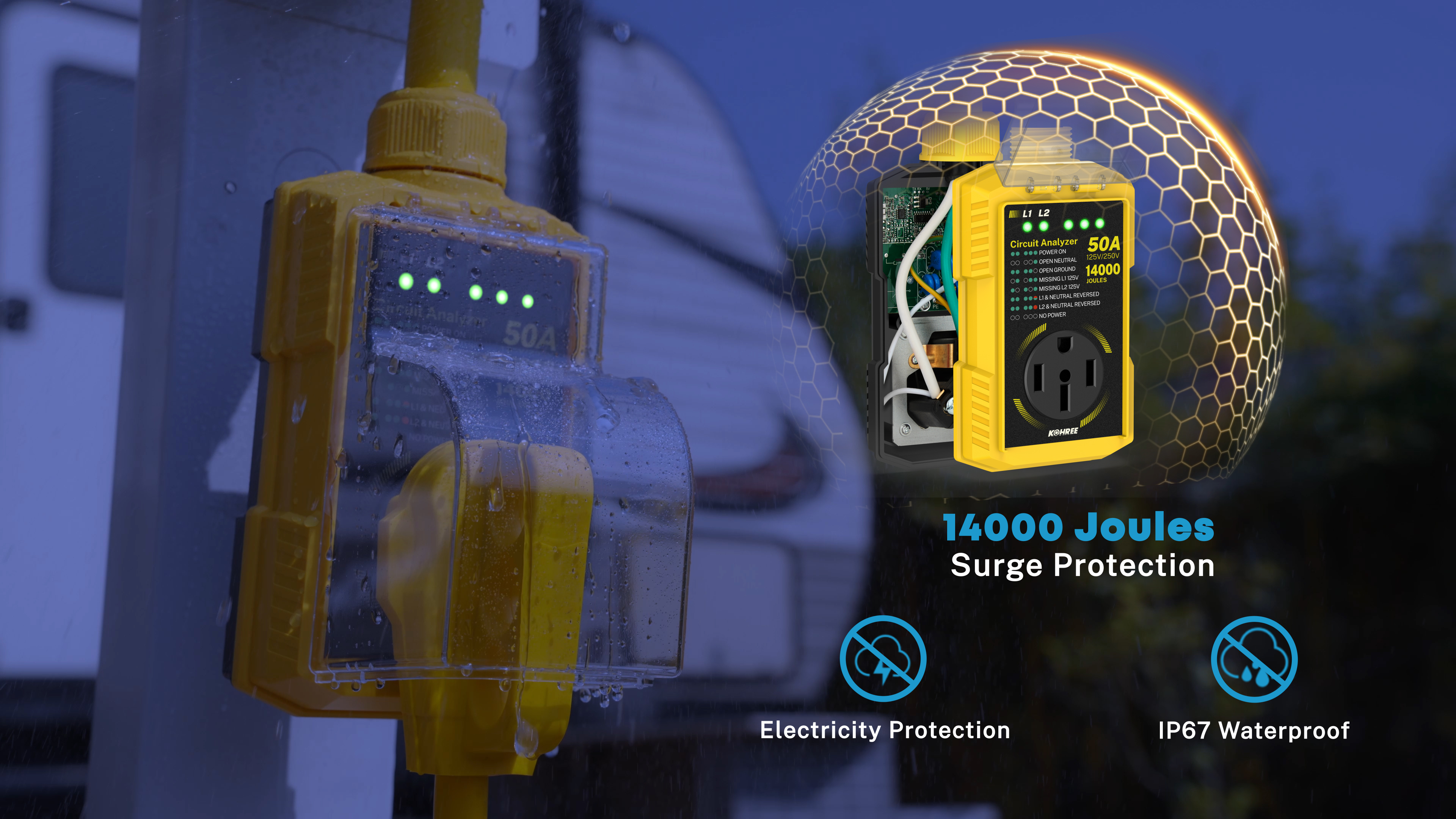 thumbnail video image 2 of Kohree 50 Amp RV Surge Protector with Circuit Analyzer, 14000J Waterproof Power Guard, ETL Certified with LED Indicators for Campers, Travel Trailers, 2 of 8