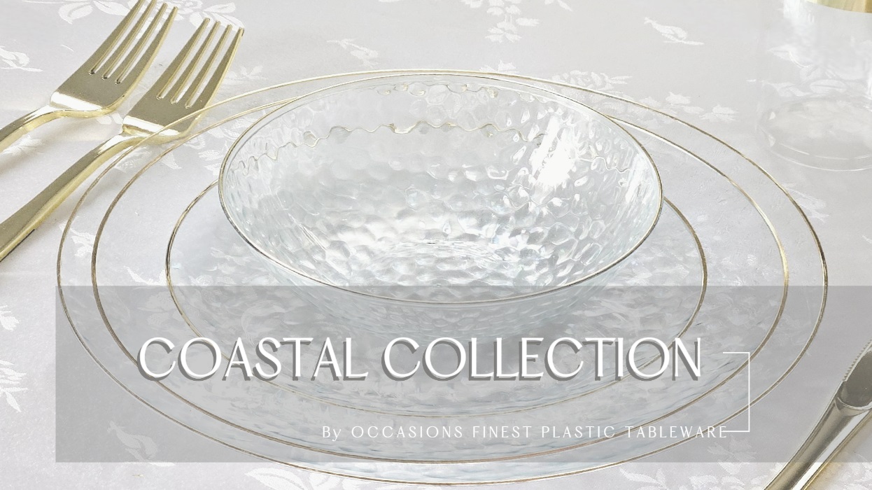 thumbnail video image 2 of " OCCASIONS " 120 Plates Pack,(60 Guests) Premium Wedding Party Disposable Plastic Plates Set -60 x 10'' Dinner + 60 x 7'' Salad / Dessert (Coastal Clear & Gold), 2 of 6