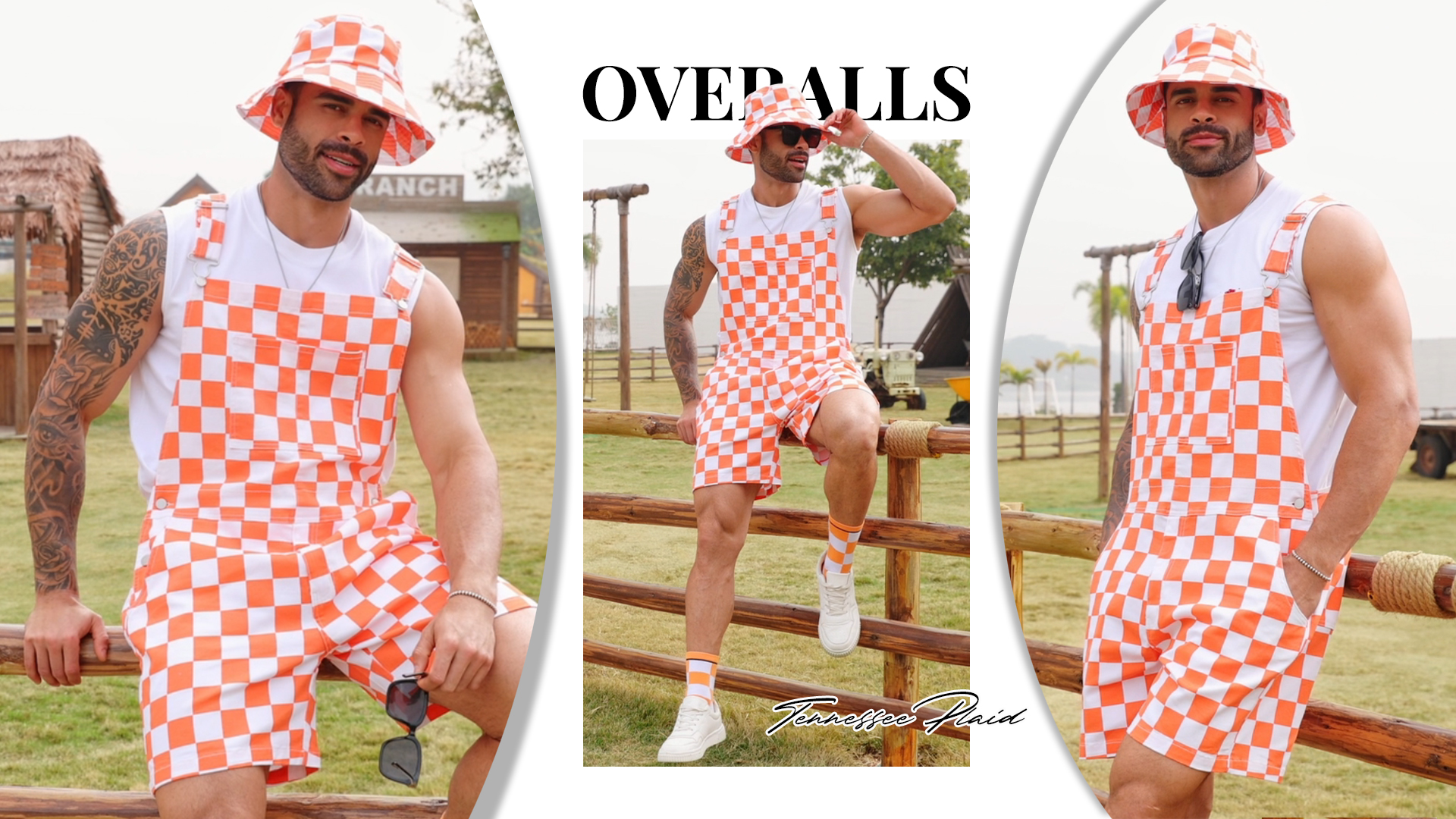 thumbnail video image 2 of Shorts Overalls for Men Checkered Rompers Work Jumpsuits Stretchy Bibs Coveralls(Orange and White Checkered,S), 2 of 11