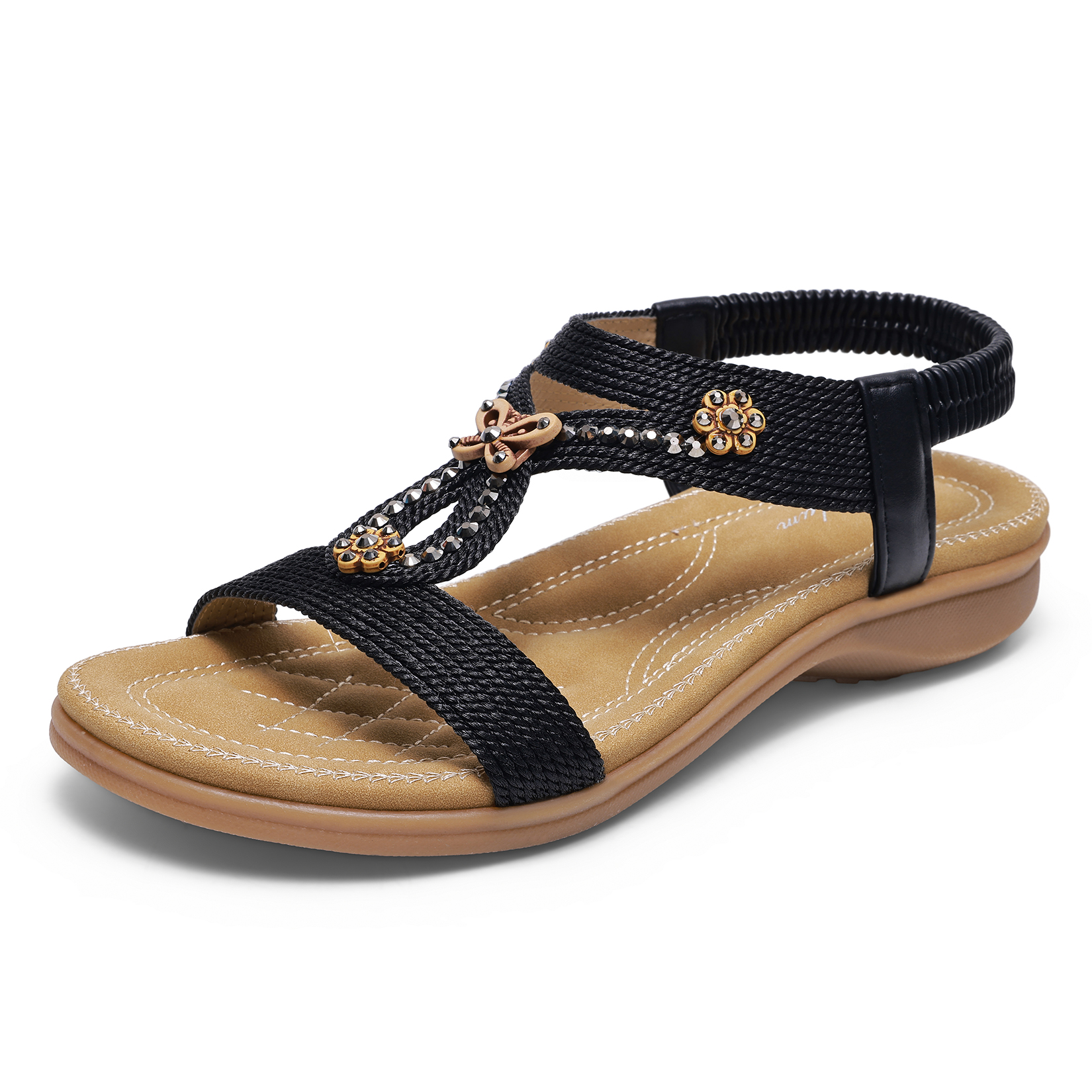 thumbnail video image 2 of Littleplum Women's Bohemian Orthopedic Wide Sandals with Arch Support Rhinestone Flat Summer Shoes for Women,Black,Size 6, 2 of 9