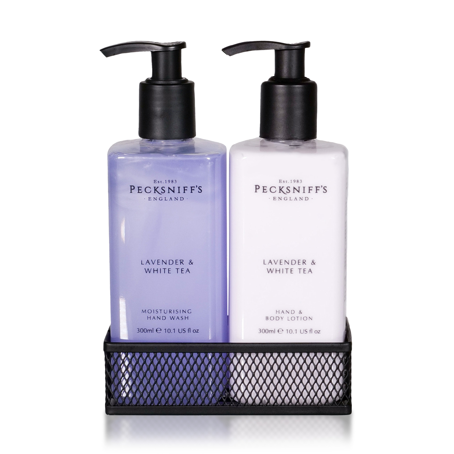 thumbnail video image 2 of Pecksniffs Lavender & White Tea Moisturizing Hand Wash and Hand Lotion in a Black Mesh Caddy | 300ml/10.14 Fl oz, 2 of 10