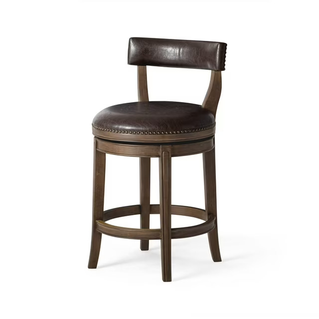 thumbnail video image 2 of Maven Lane Alexander 26 Inch Tall Counter Height Rotating Low Back Barstool in Walnut Finish with Marksman Saddle Vegan Leather Seat, Set of 4, 2 of 8