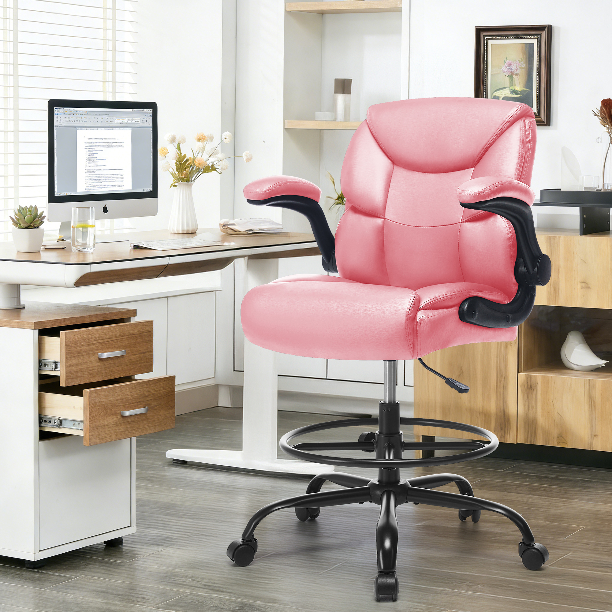thumbnail video image 2 of JONPONY Tall Office Chair for Standing Desk, Ergonomic High Leather Executive Office Chair with Flip-up Armrest,and Adjustable Foot Ring for Counter Height Desk,Pink, 2 of 13