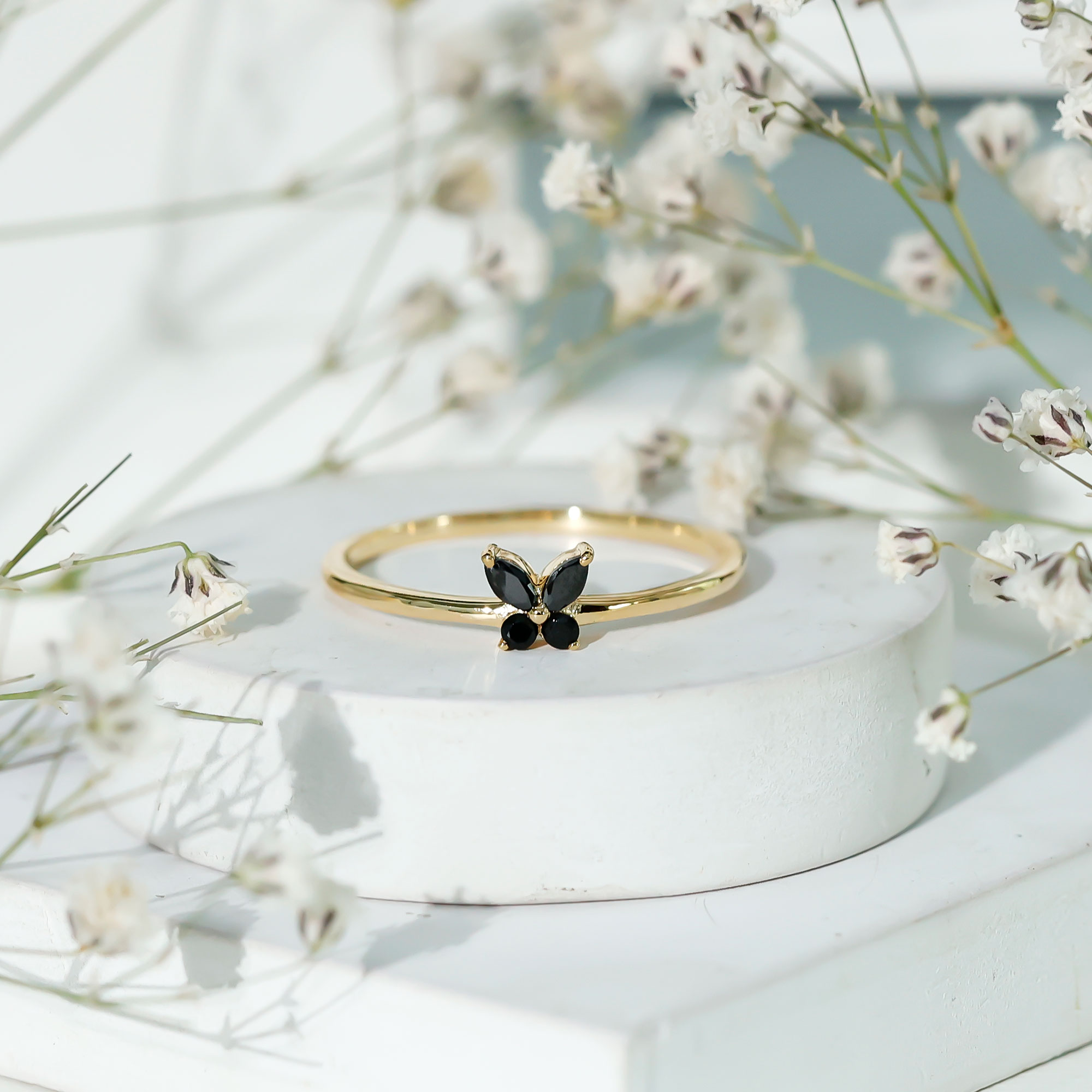 thumbnail video image 2 of Rosec Jewels Natural Black Onyx Promise Ring for Women - Butterfly Ring - AAA Quality - Ready to Gift with Jewelry Box, 18K Yellow Gold, US 7.50, 2 of 8