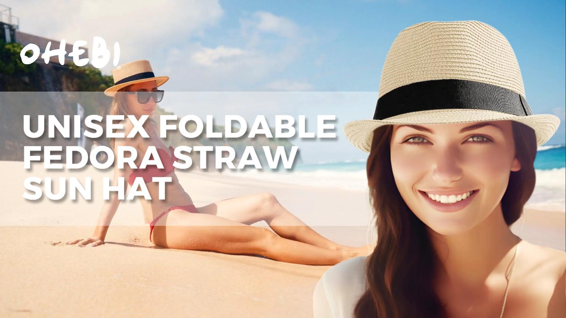 thumbnail video image 2 of Ohebi Straw Hat for Women Men Packable Short Brim Roll up Trilby Hat Summer Beach Sun Hat UPF 50+, 2 of 5