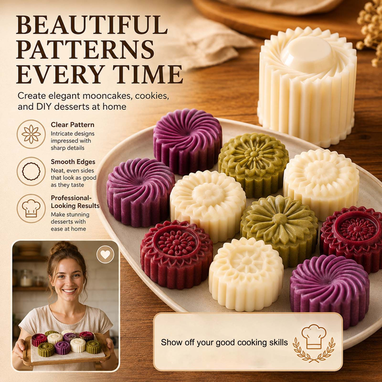 thumbnail video image 2 of SouMaox 5 Pcs Double-Ended Cake Mould, 2-in-1 Double-Sided Plastic Dessert Mold with Carved Patterns, Detachable Design for DIY Baking at Home, 2 of 10