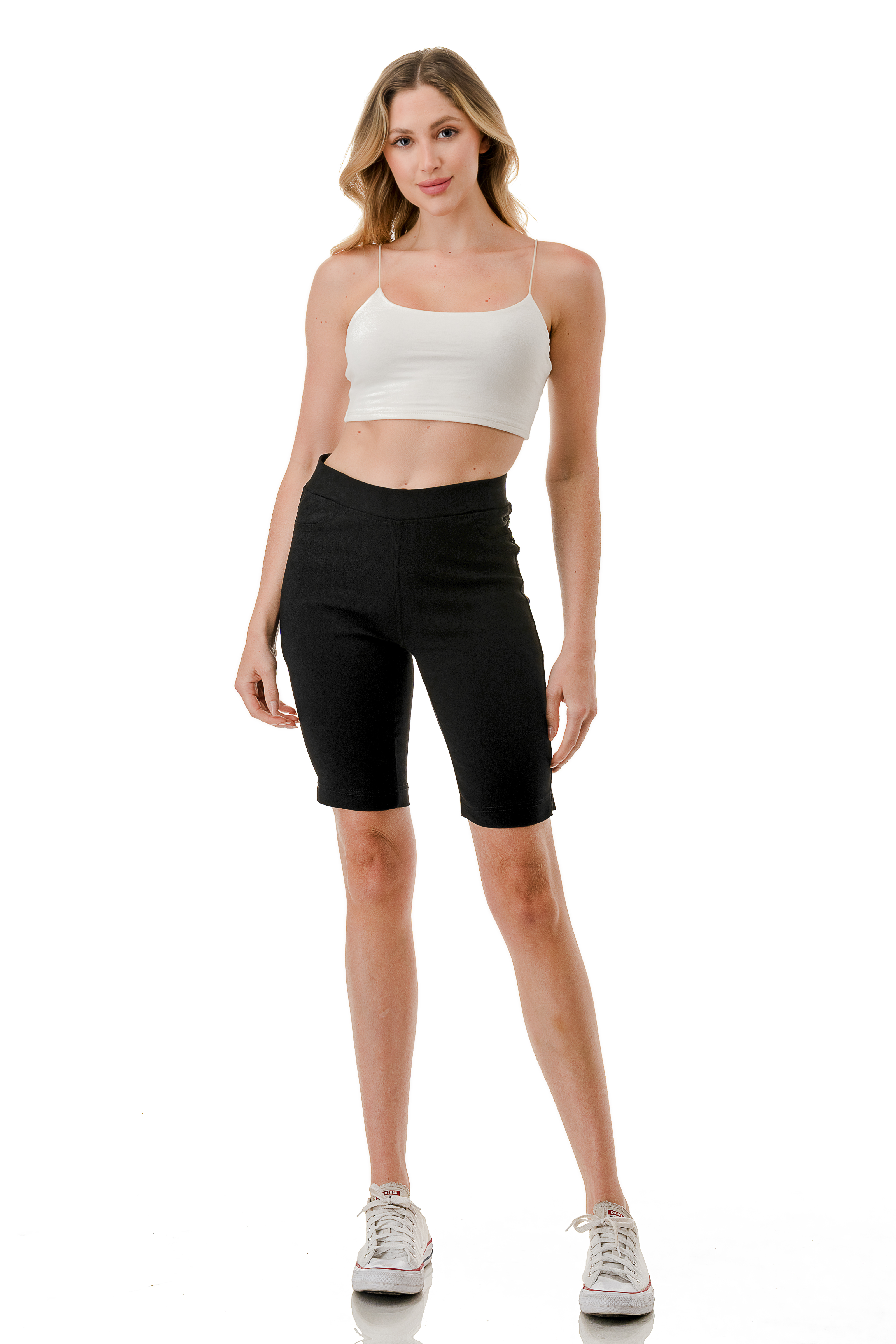 thumbnail video image 2 of Women's Bermuda Shorts Jean Style Pull On Stretch Casual Short With Side Slit S-3XL 9" Inseam, 2 of 6