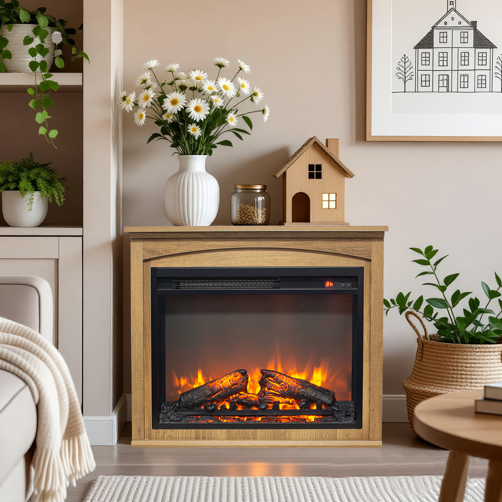 thumbnail video image 2 of Innoflame 28" Electric Fireplace with Mantel, Freestanding Electric Fireplace w/Realistic Flame & Logs, Remote Control, Timer, Adjustable 4 Flame Brightness, Fireplace Heater for Living Room, 1400W, 2 of 10