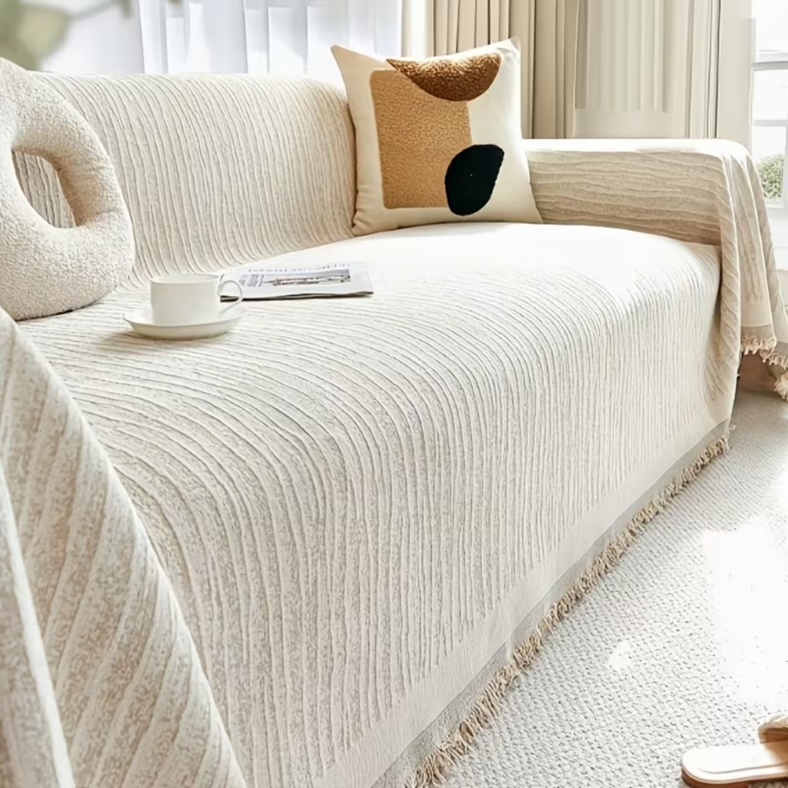 thumbnail video image 2 of Lavish Cover White Multi-Functional Couch Cover Blanket, 70"x50" Soft Breathable Textured Sofa Throw with Tassels, Washable Furniture Protector for Pets & Kids, 2 of 10