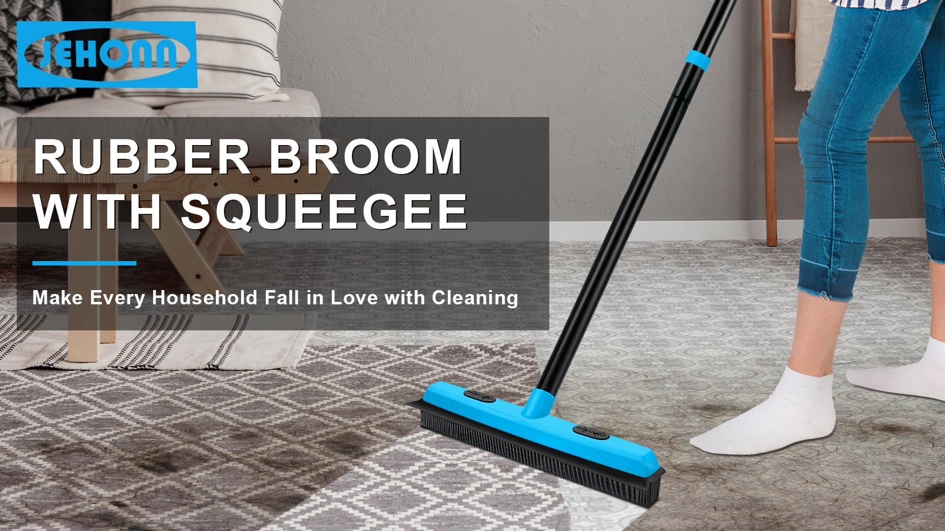 thumbnail video image 2 of JEHONN Rubber Broom Carpet Rake Brush for Pet Hair with Squeegee (Blue), 2 of 7