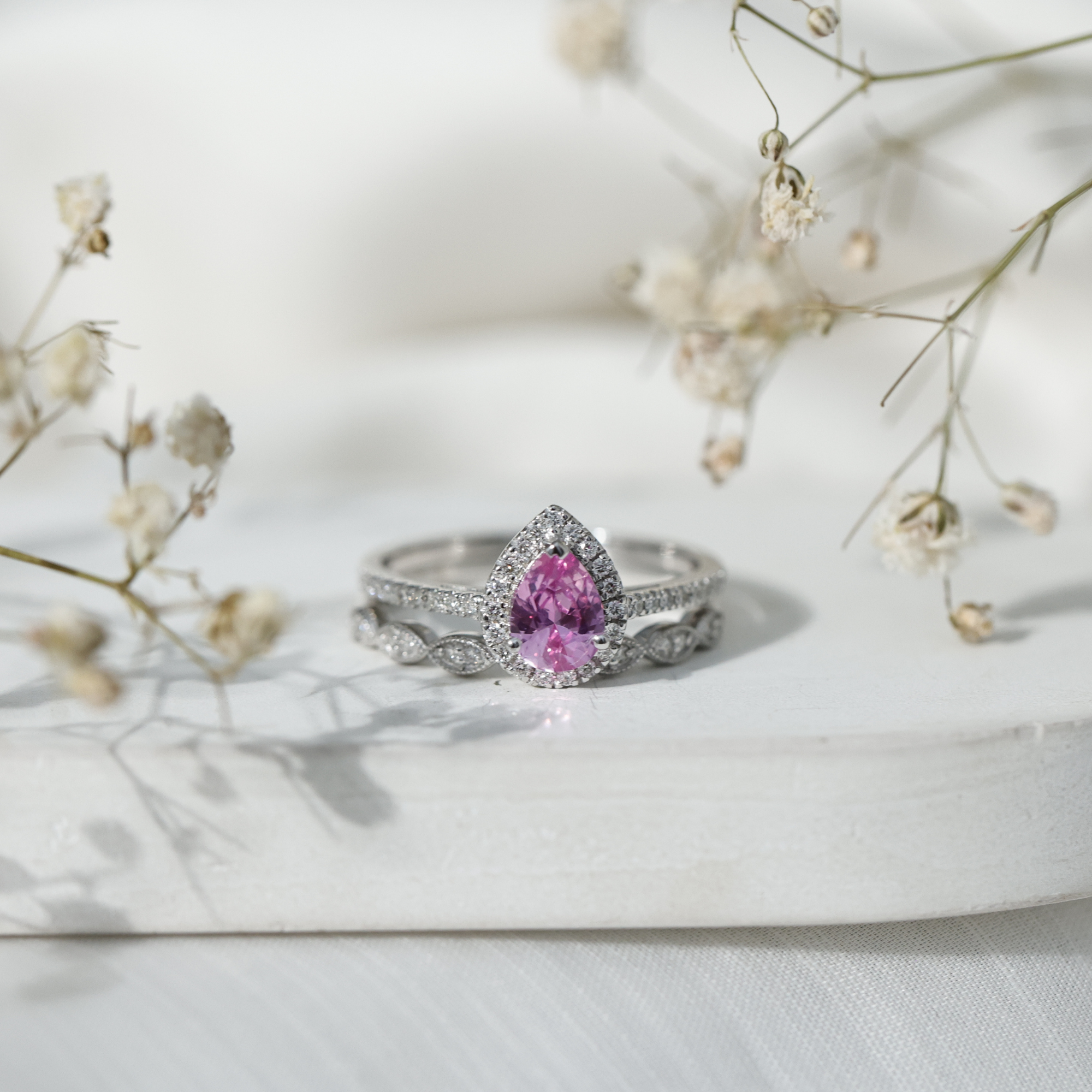 thumbnail video image 2 of Rosec Jewels Lab Grown Pink Sapphire Ring Set with Diamond for Women, Designer Ring Set, 10K White Gold, US 8.00, 2 of 9