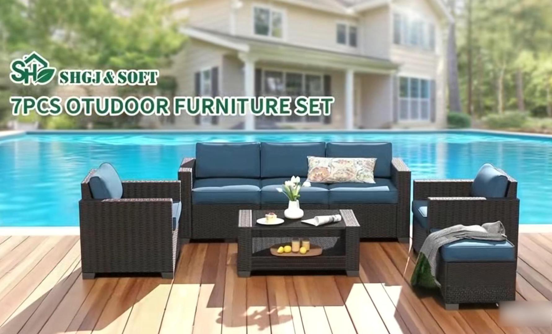 thumbnail video image 2 of SHGJ&SOFT 7 Piece Patio Furniture Set, Wicker Outdoor Sectional Sofa with Washable Cushion Covers and Tempered Glass Table, Rattan Conversation Set for Poolside, Lawn, Balcony, 2 of 12