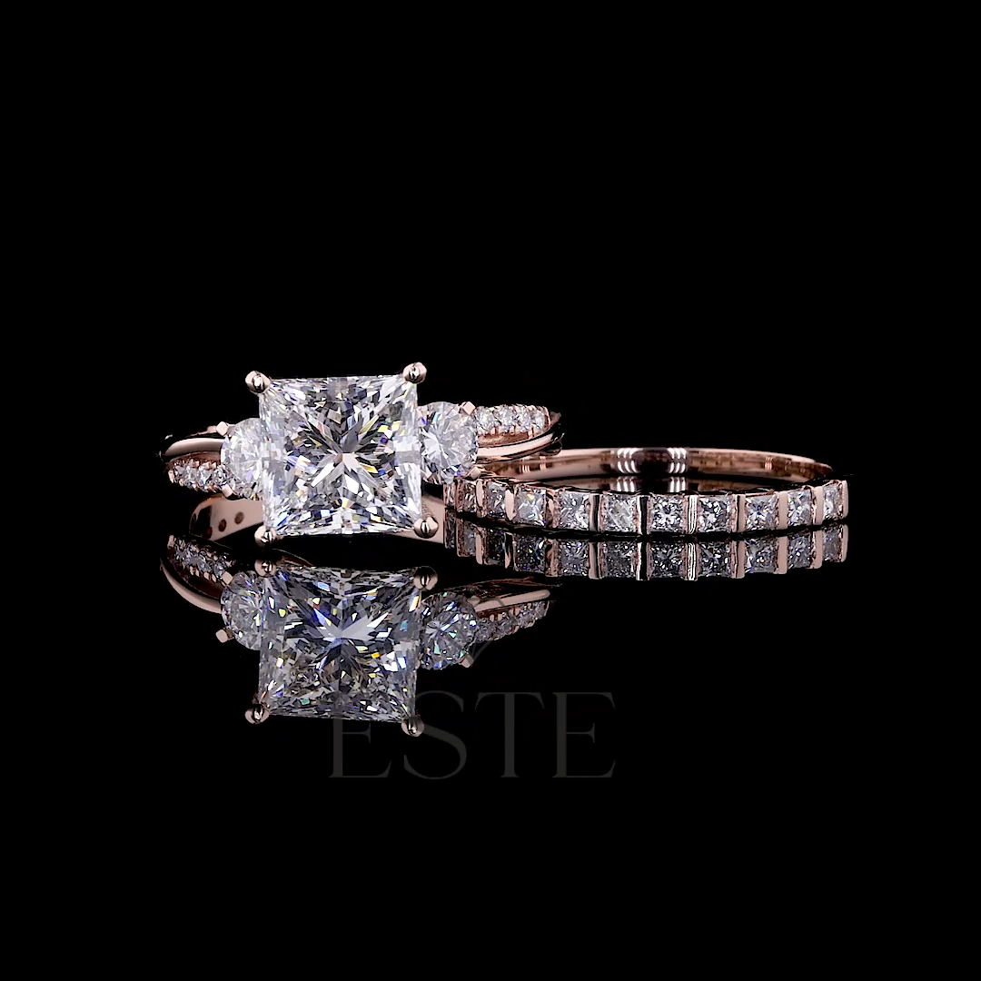 thumbnail video image 2 of ESTE ORIGIN 4Ct Princess Cut Three Stone Moissanite Engagement/Wedding/Bridal Ring Set with Twisted Vine Band & Channel Set Band in 18K Rose Gold for Her US 4, 2 of 12