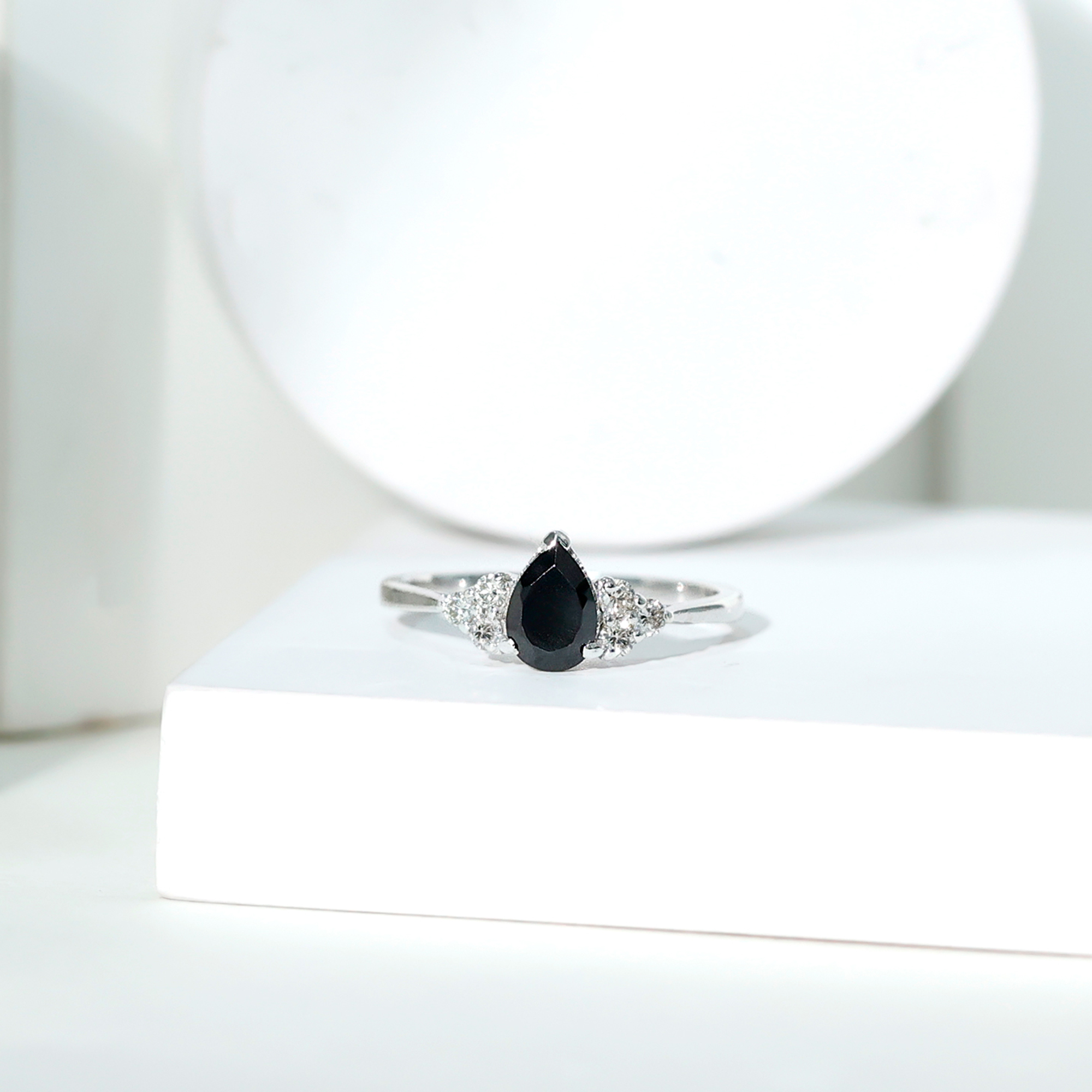 thumbnail video image 2 of Rosec Jewels 0.75 CT Teardrop Black Onyx Engagement with Diamond Trio for Women, 18K White Gold, US 10.00, 2 of 9