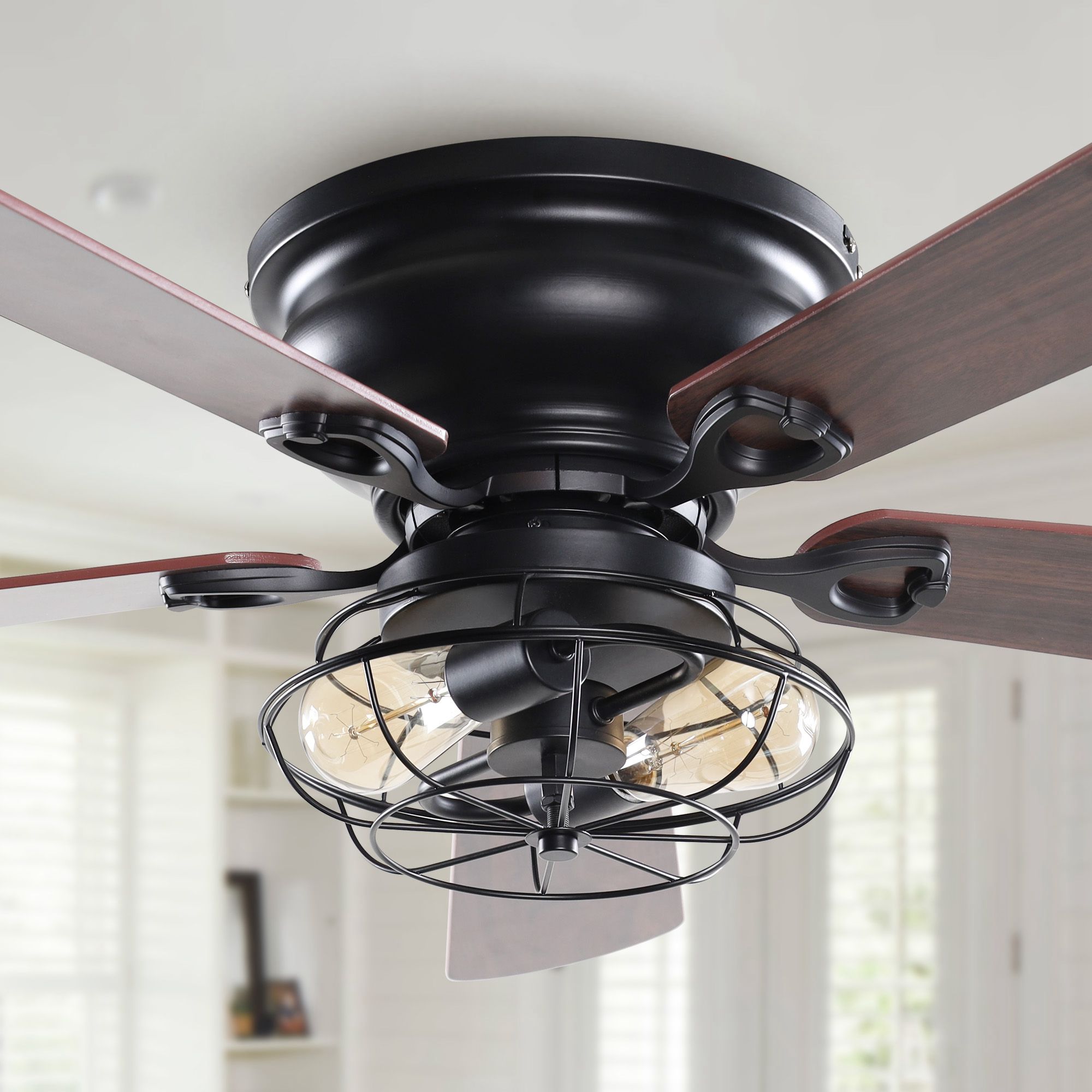 thumbnail video image 2 of Parrot Uncle 48 Inch Industrial Indoor Flush Mount Ceiling Fan with Light Kit and Remote Control, Black, Reversible Airflow, 5 Blades, 2 of 10
