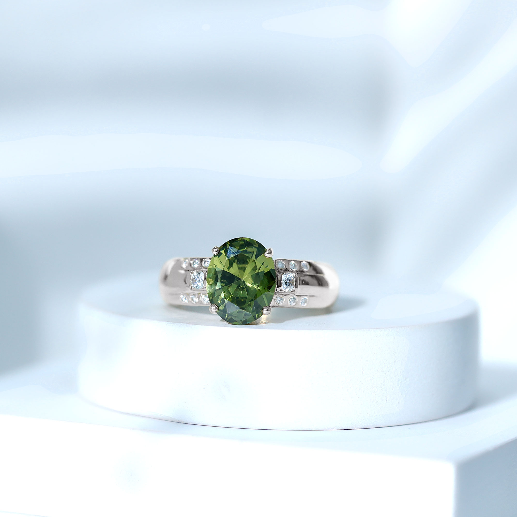 thumbnail video image 2 of Rosec Jewels Lab Grown Green Sapphire Solitaire Statement Ring with Moissanite - 8X10 mm, 18K Yellow Gold, US 12.00, 2 of 9