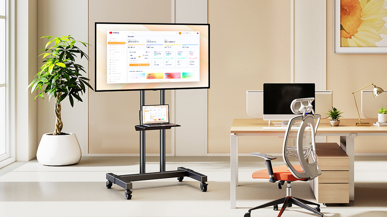 thumbnail video image 2 of RTVR Black Rolling TV Cart Stand with Wheels for 32 to 83 inch TVs, Portable Mobile Height Adjuatable Shelf, 2 of 9