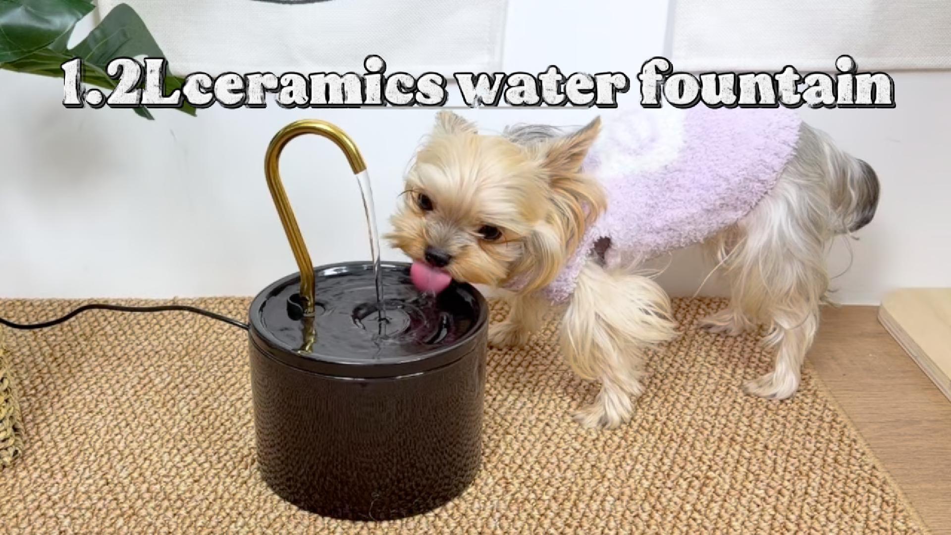 thumbnail video image 2 of FWMB Ceramic Cat Water Fountain for Cats & Puppy - Ultra-Quiet 1.2L/41oz Automatic Pet Water Fountain with Pure Copper Spout, BPA-Free Non-Toxic Ceramic Bowl, Cat Fountain Indoor Black, 2 of 10