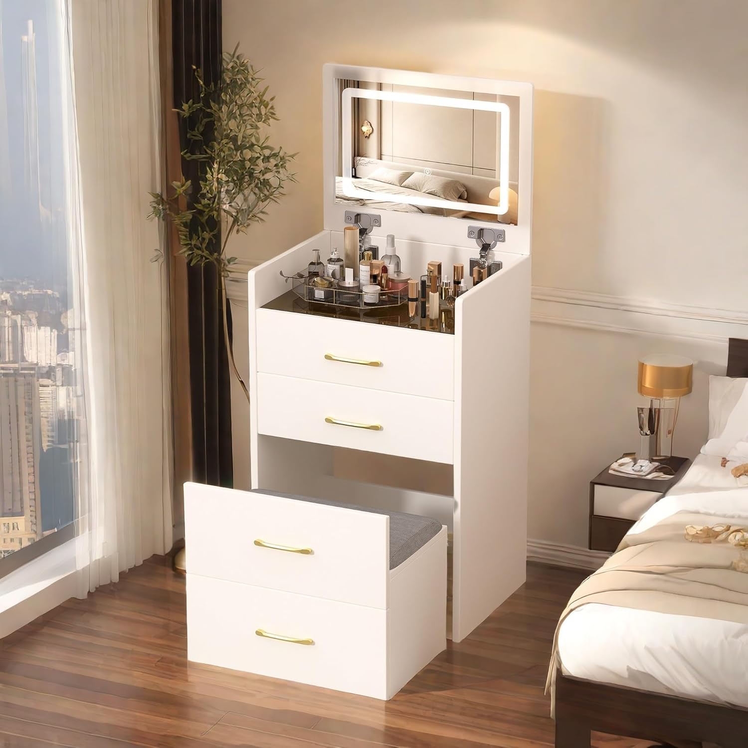 thumbnail video image 2 of 3 in 1 Vanity Desk with Mirror and Lights,Small Make Up Vanity Set with Visible Glass Desktop,Compact Makeup Vanity with 3 Drawers & Chair, Dressing Table for Bedroom, 2 of 10
