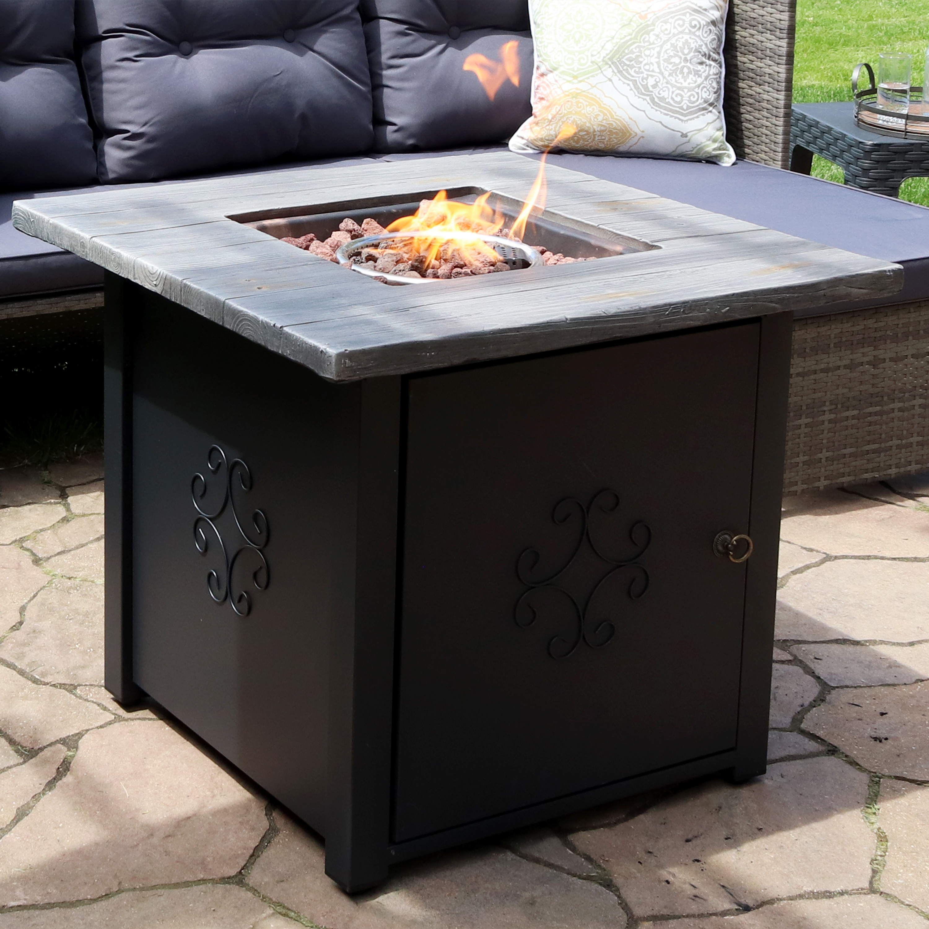 thumbnail video image 2 of Sunnydaze 30" x 30" Square 40,000 BTU Propane Cast Stone Gas Fire Pit Table with Lava Rocks, 2 of 14